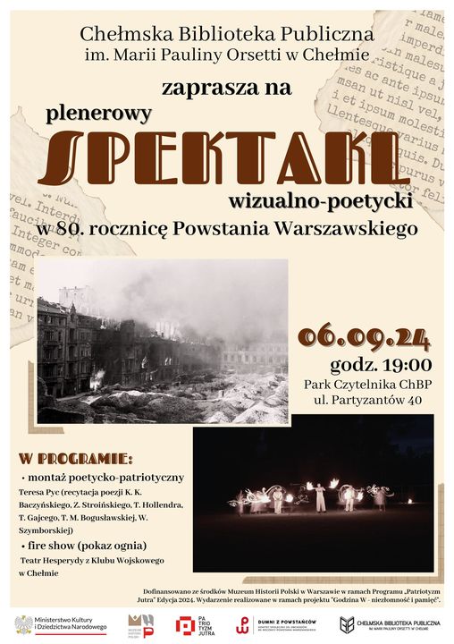 Plakat zapraszający na spektakl wizualno-poetycki w plenerze