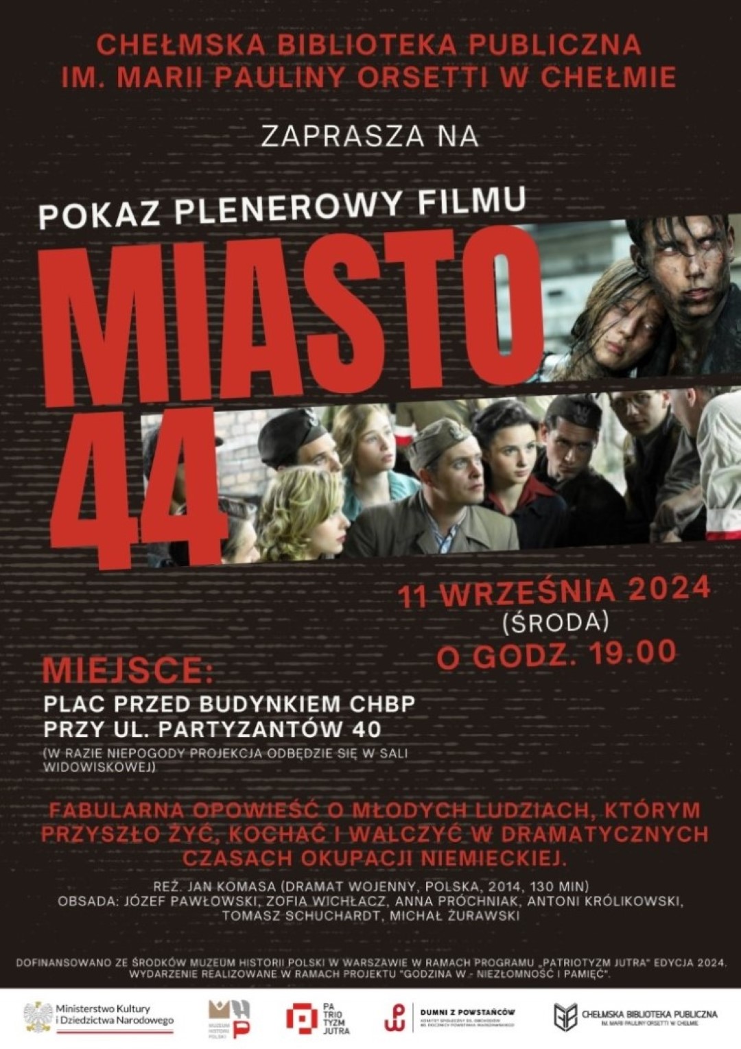 Plakat zapraszający na plenerowy pokaz filmu "Miasto 44"