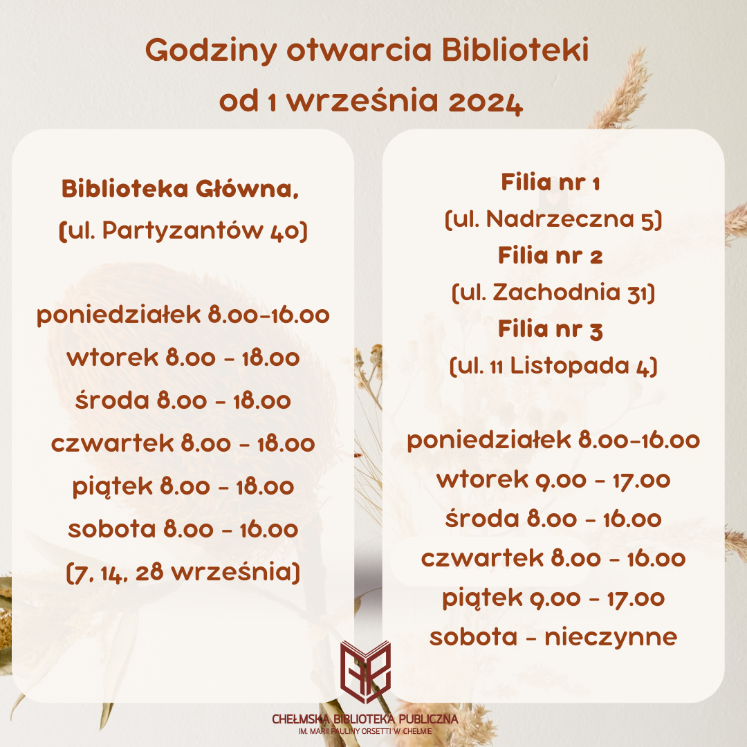 godziny otwarcia biblioteki od września 2024 roku